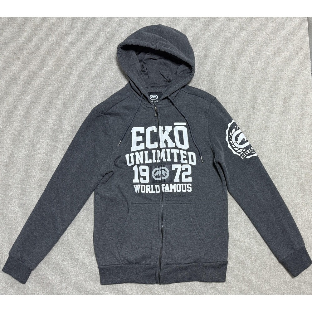 Ecko Unltd Hoodie Mens Small Gray Full Zip Sweatshirt 1972 World Famous Graphic